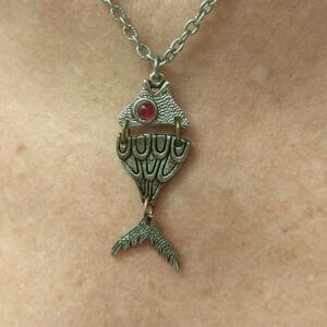 Necklace with Vintage Articulated Fish with Red Rhinestone Eye Pendant
